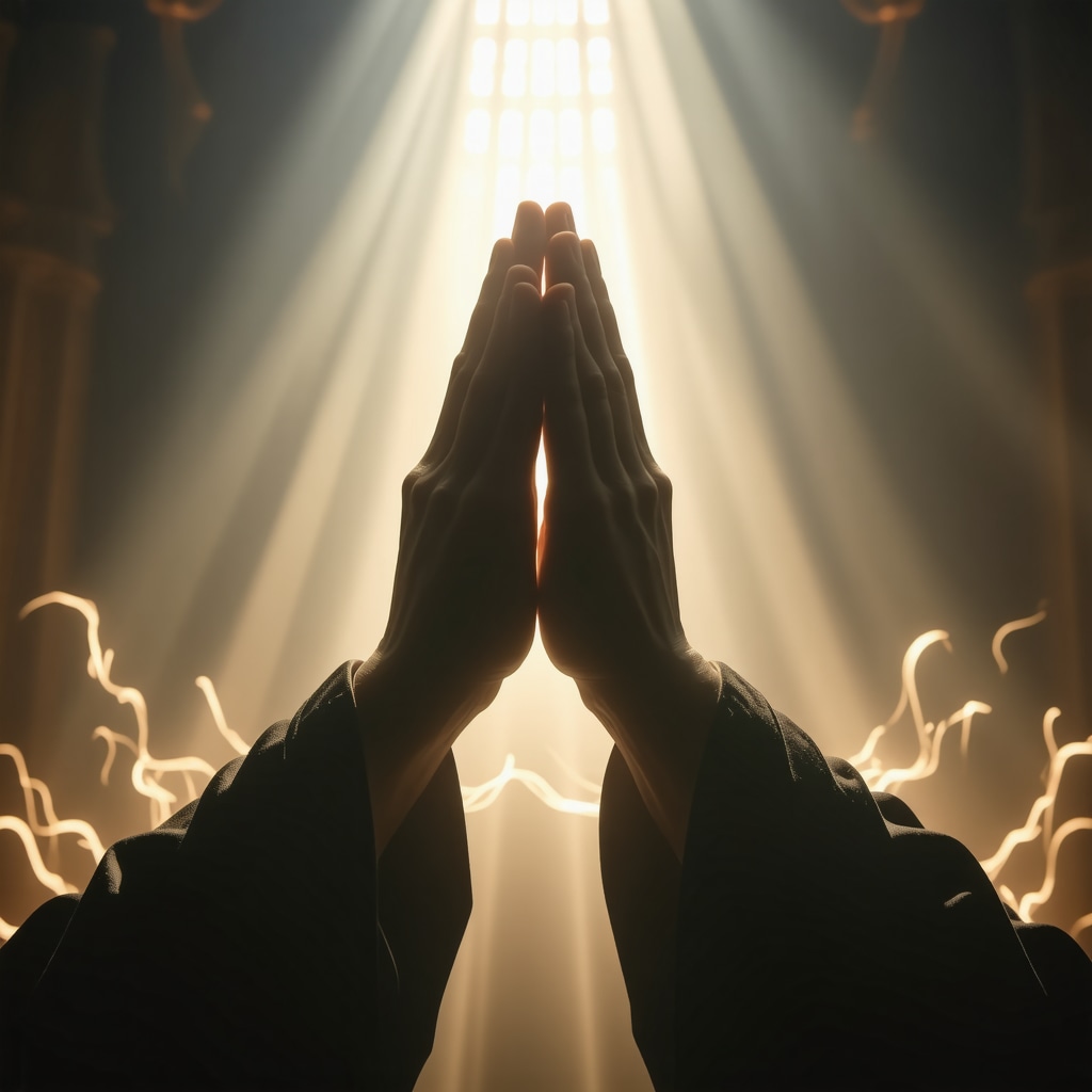 Illustration of spiritual warfare with praying hands and divine light in Virginia setting