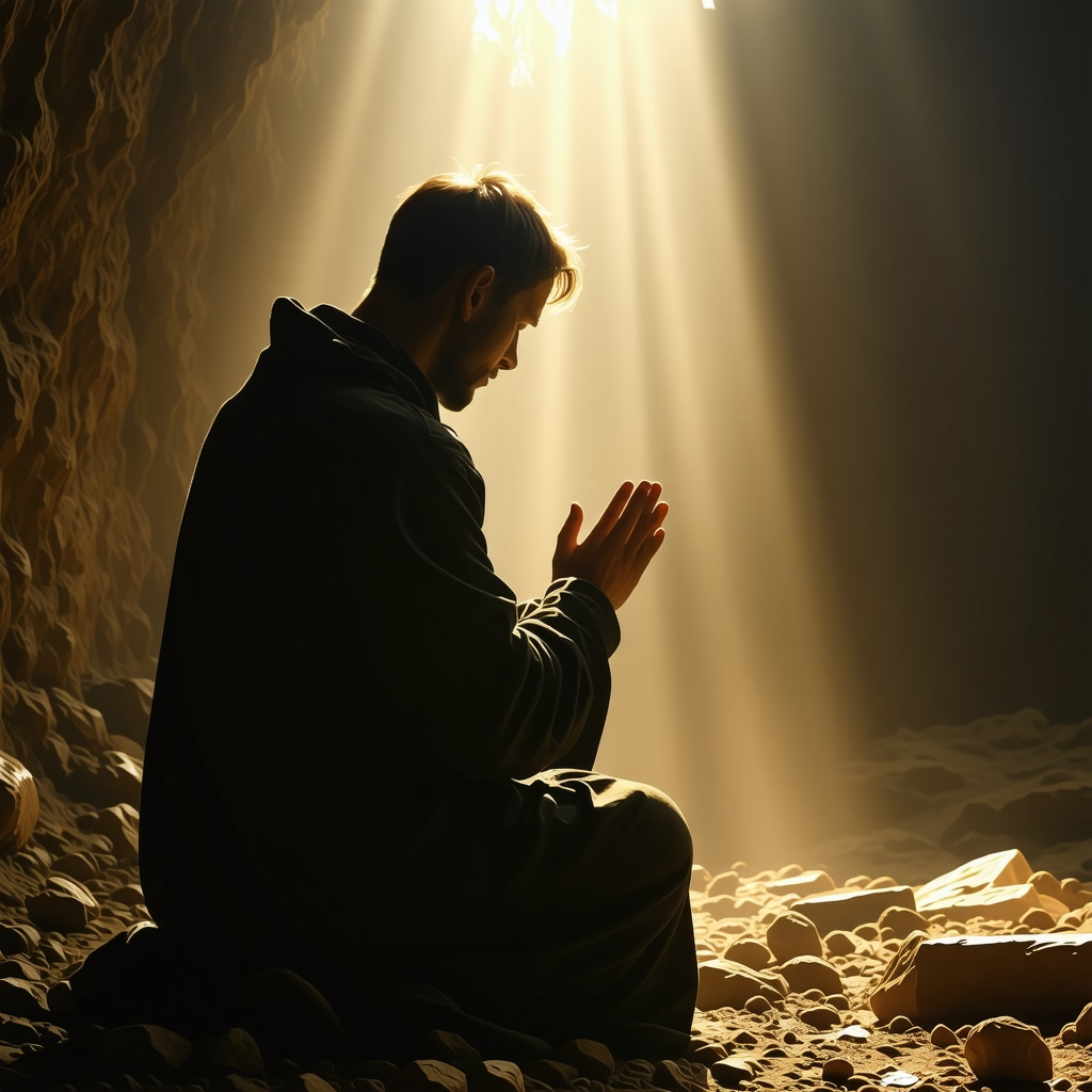 A person praying in spiritual warfare with divine light and protective symbols