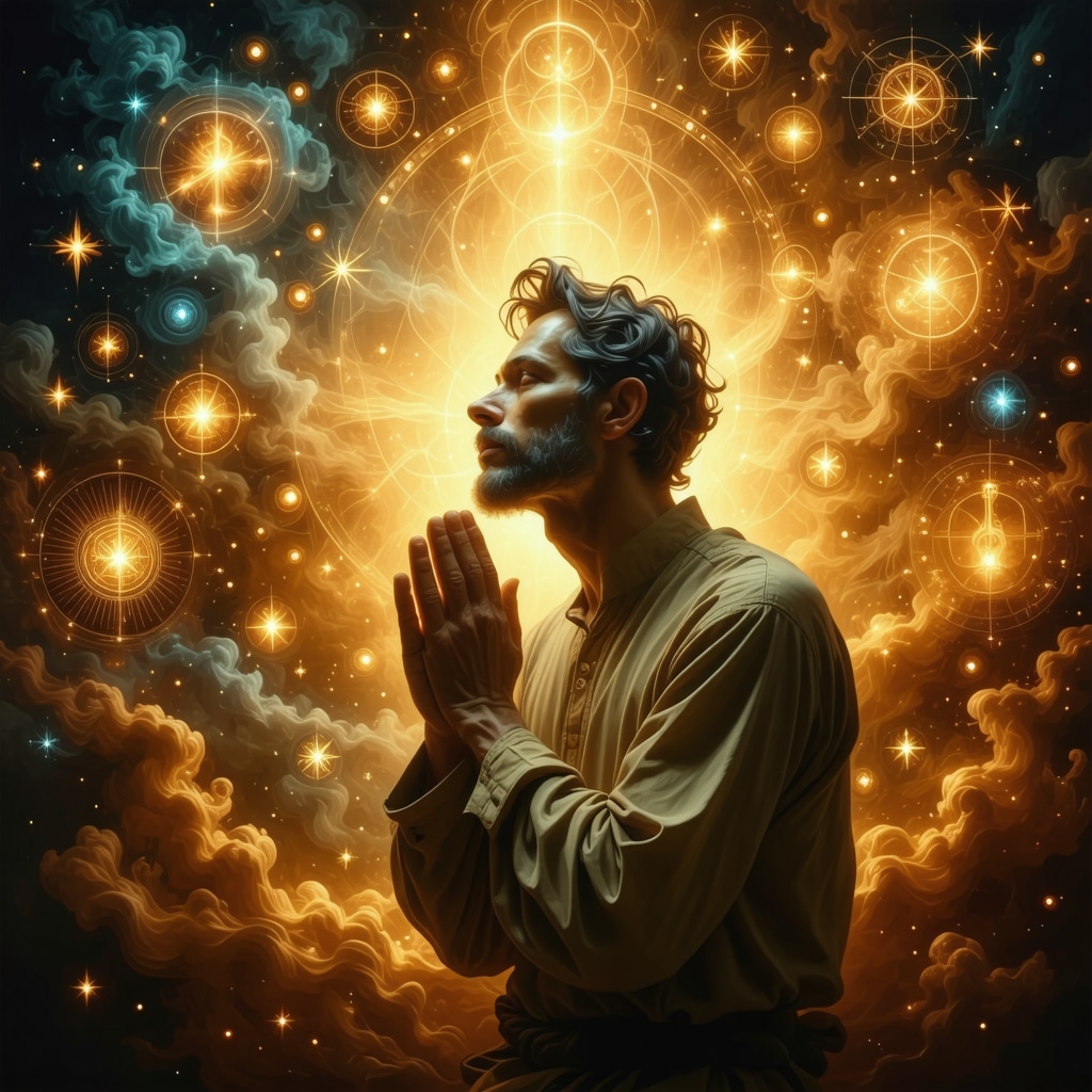 Person praying with spiritual symbols indicating divine authority and protection.