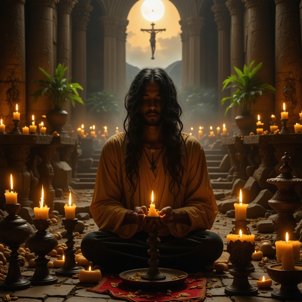 Exorcist conducting a spiritual ritual with sacred symbols