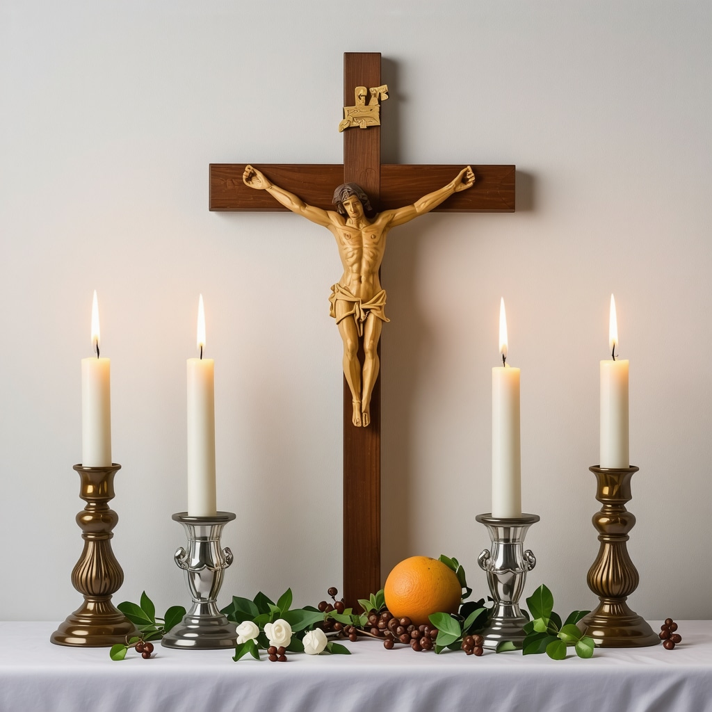 Catholic altar with crucifix, candles, and holy water representing spiritual safeguards.