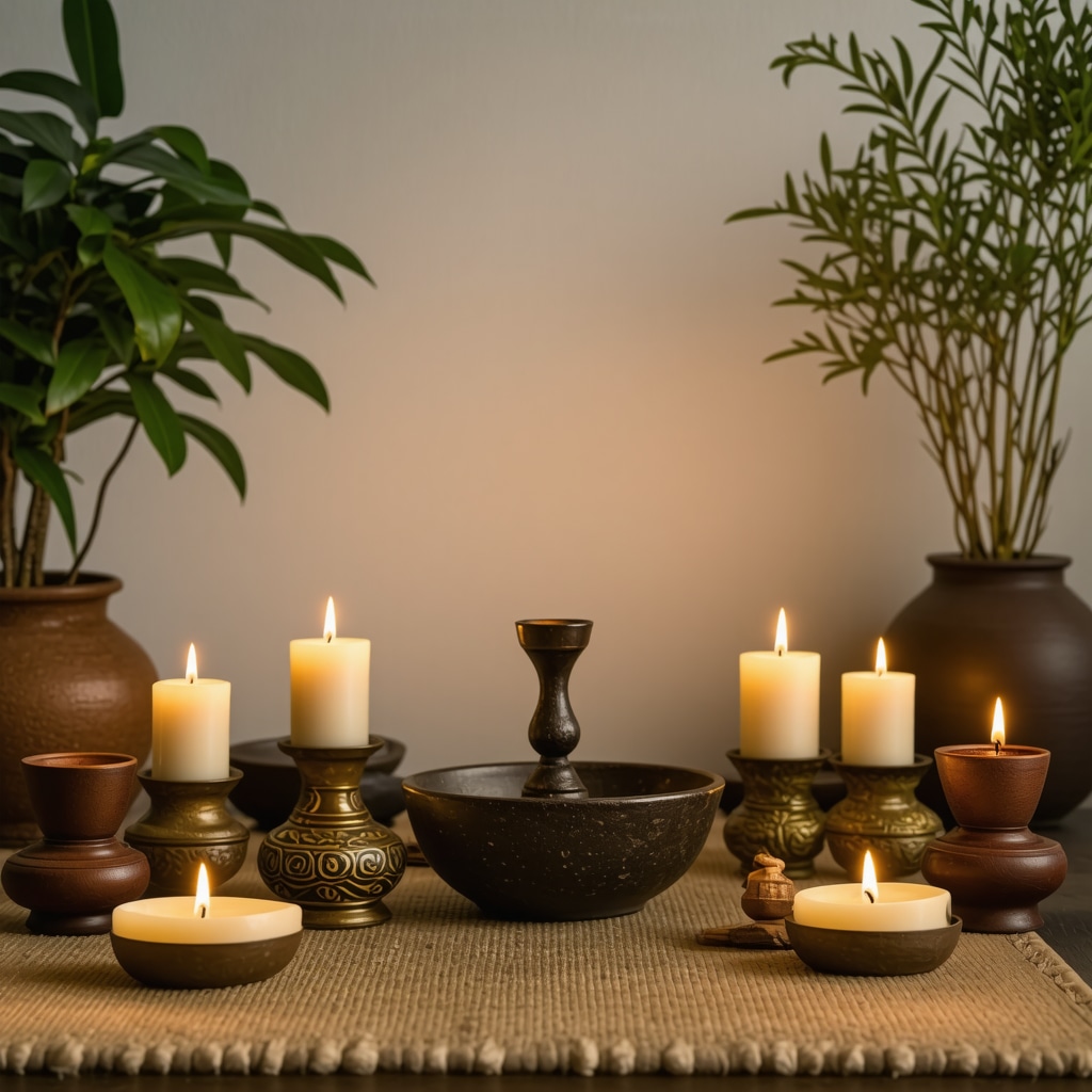 A peaceful home altar with religious symbols and candles for spiritual cleansing
