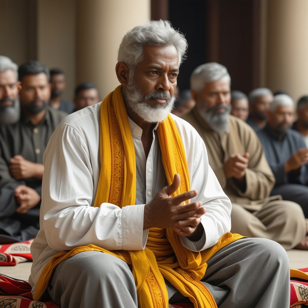 Spiritual leader guiding prayer session in a calm, focused environment