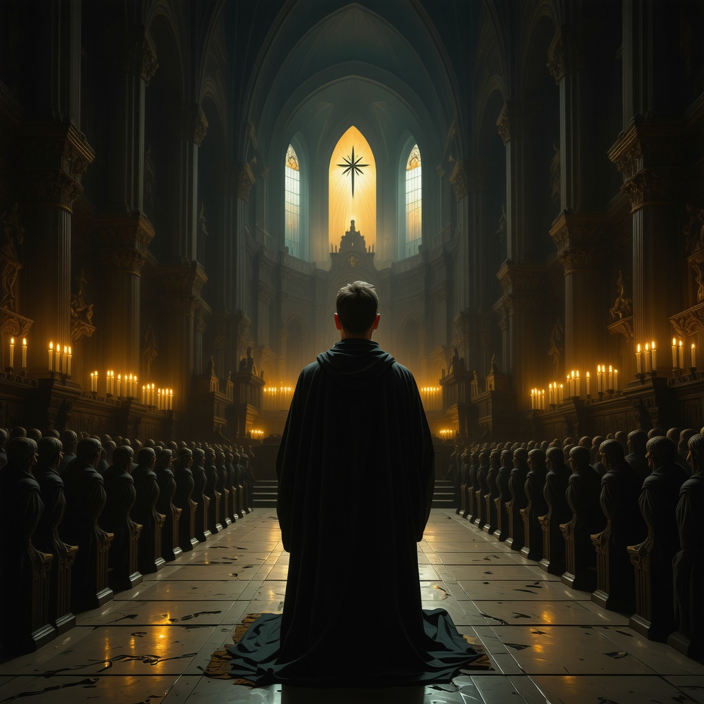 An exorcist praying in a church, surrounded by sacred symbols, demonstrating spiritual discernment.