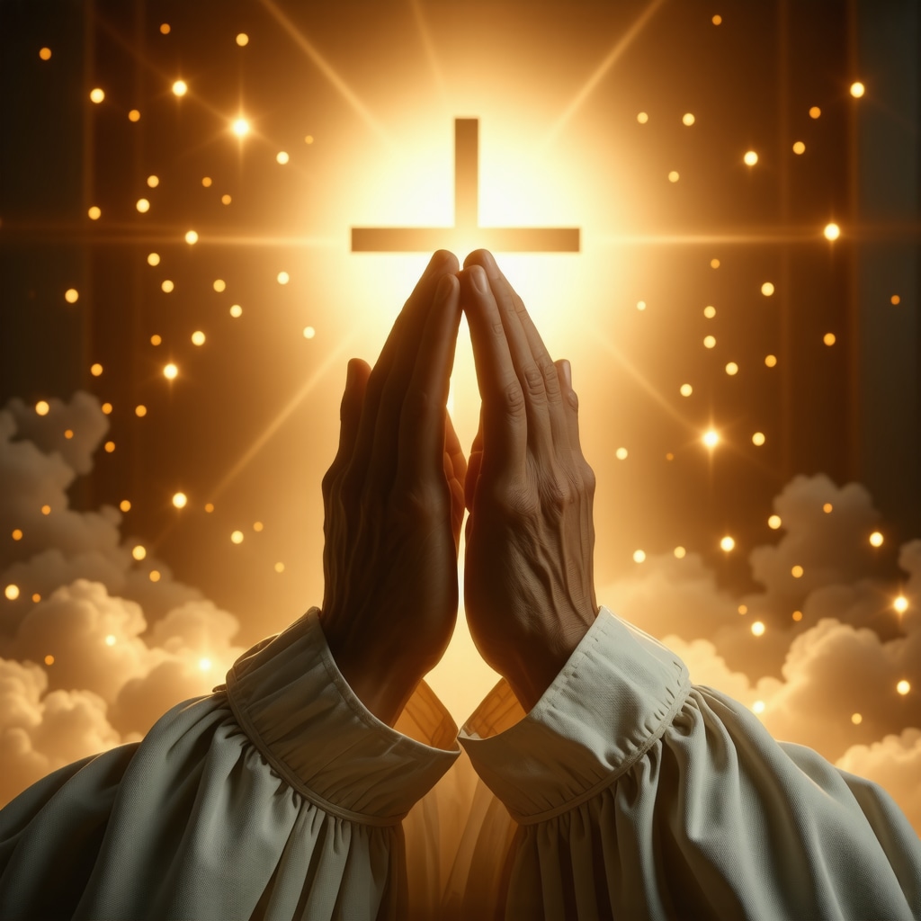 Praying hands with a glowing cross symbolizing spiritual strength