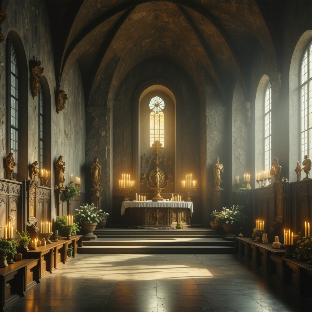 Church interior with candles and religious symbols