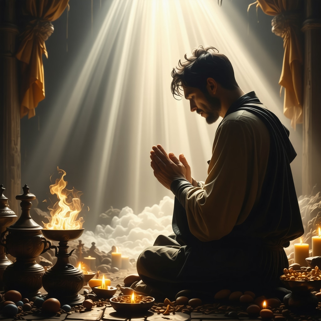 A person praying with divine light and faith symbols around