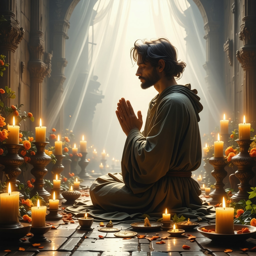 Person praying with protective symbols and light surrounding them.