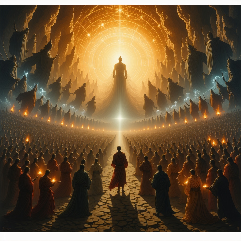 Illustration of prayer and divine light fighting spiritual darkness