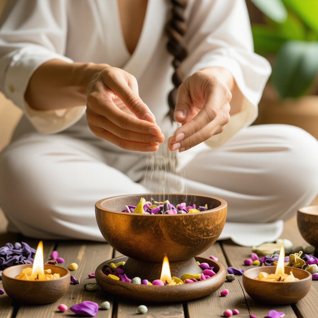 Spiritual healer performing cleansing ritual in peaceful setting in Fairfax, Virginia.