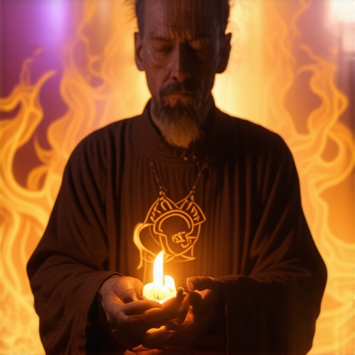 Exorcist performing a complex spiritual ritual with sacred symbols and divine light