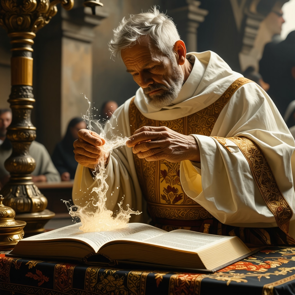 Priest performing exorcism ritual with holy water and sacred symbols