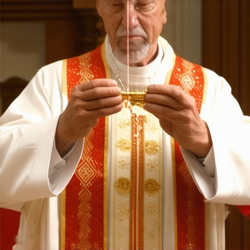 Priest performing Catholic exorcism with sacred symbols and holy water