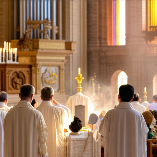 Priests performing a Catholic exorcism ritual in a church setting with divine light and sacred symbols.