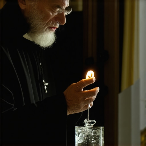 Exorcist performing Catholic ritual in Virginia with divine symbols and sacred water.