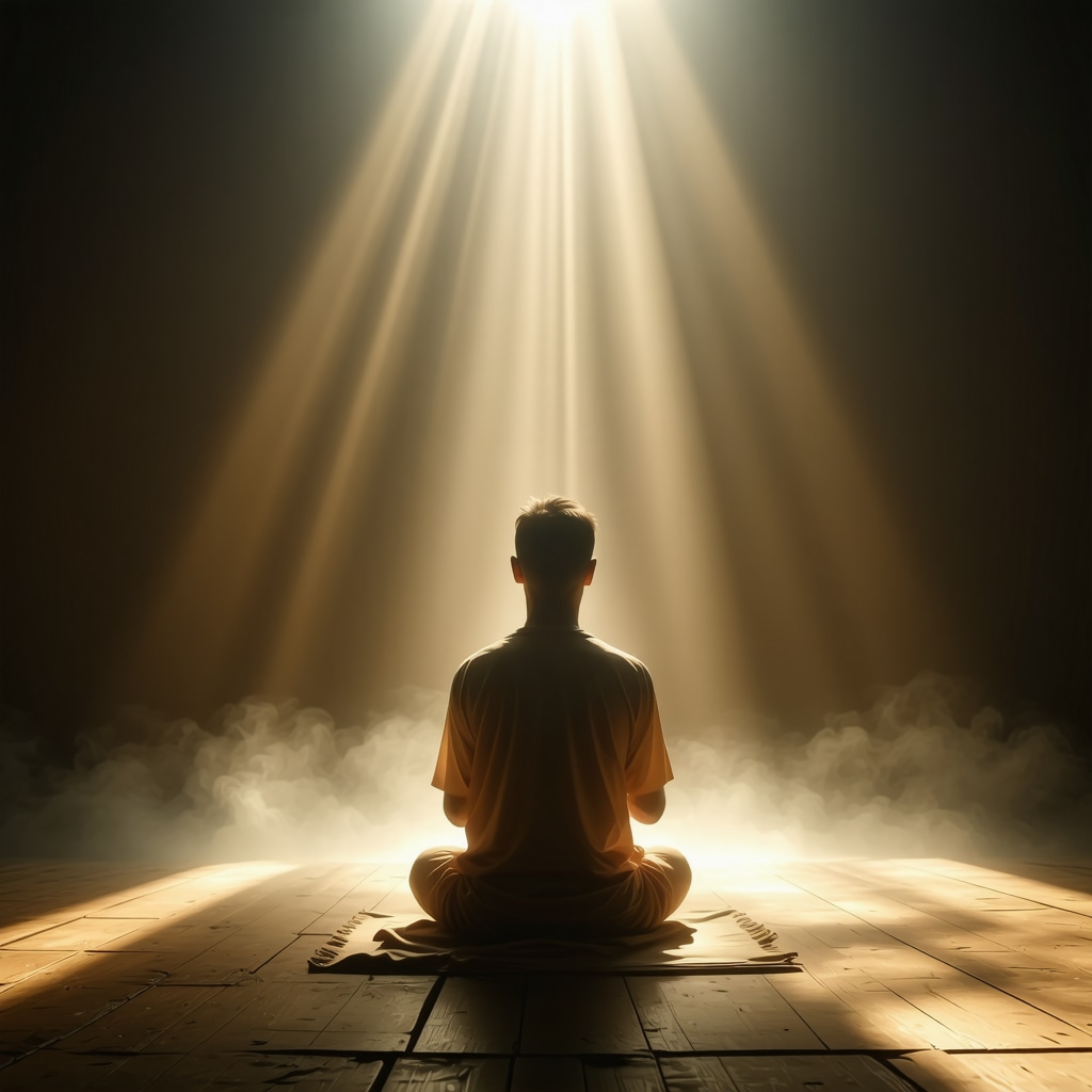 A person praying with divine light illuminating their surroundings, representing spiritual protection and divine intervention.