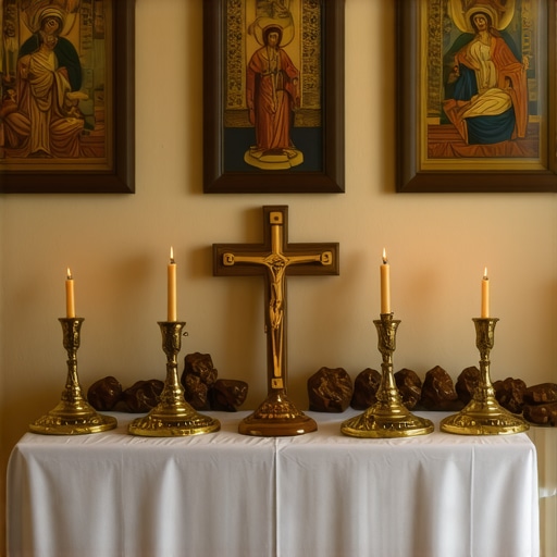 An altar with relics and religious icons representing divine protection against evil spirits in Virginia.