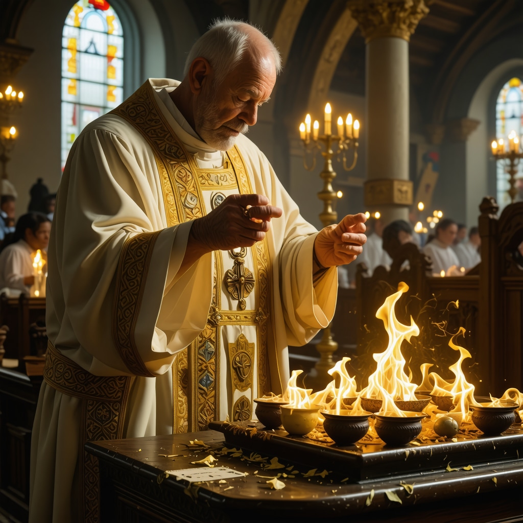 Priest conducting exorcism with sacred objects during a spiritual ritual in Virginia