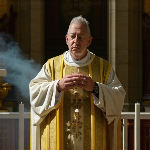 Exorcism Ritual in a Historic Church Priest performing exorcism with divine light in a church