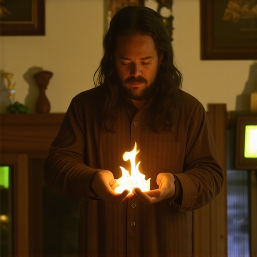 Exorcist performing spiritual ritual in Virginia home with sacred symbols.