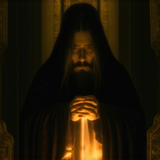 Exorcist Performing Sacred Ritual Experienced priest performing exorcism ritual with divine symbols and sacred elements.