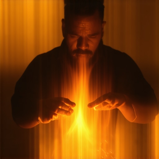 Exorcist in ritual performing spiritual cleanse in a dimly lit room with sacred symbols.