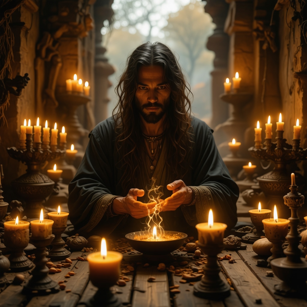 Exorcist performing spiritual ritual with divine symbols