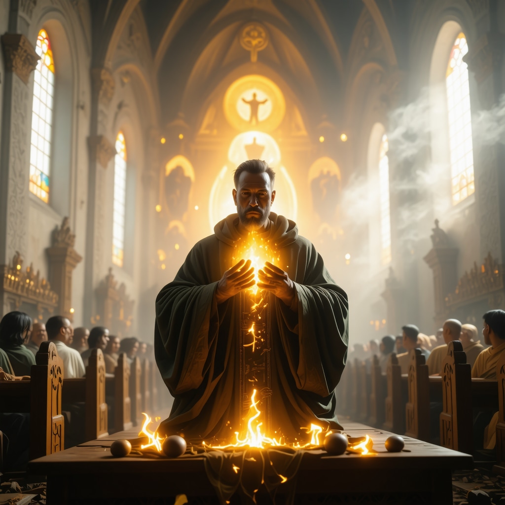 Exorcist performing a spiritual ritual to banish evil spirits in Virginia church