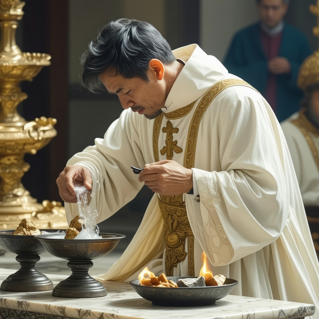 A Catholic priest performing an exorcism with holy water and relics during a spiritual ceremony in Washington DC