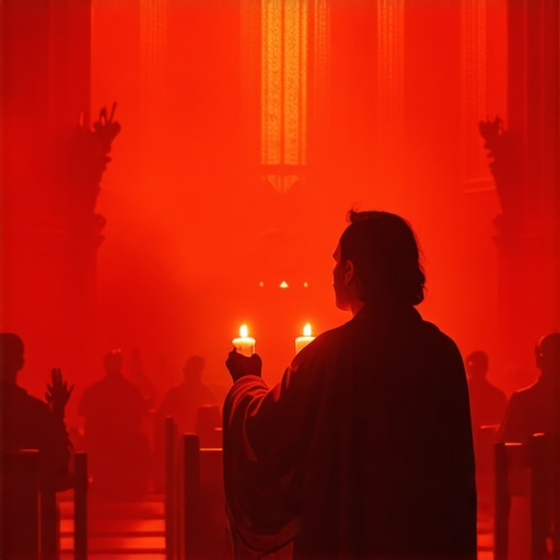 Spiritual expert conducting complex exorcism ritual in church