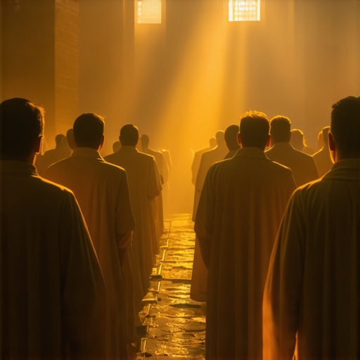 Priests performing a sacred exorcism ritual with divine light