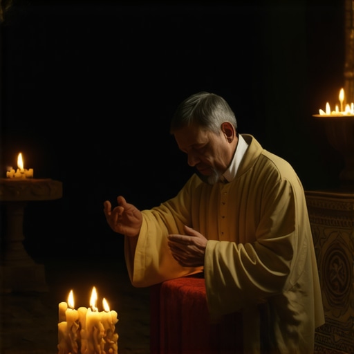 Priest performing exorcism ritual with sacred symbols and holy water in a dimly lit room