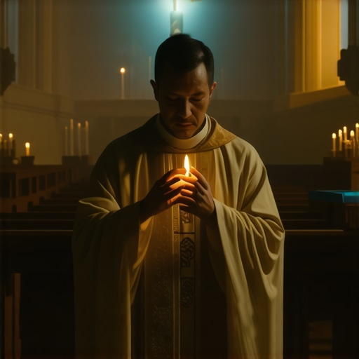 Catholic priest conducting exorcism in church with sacred symbols and holy water.