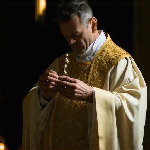 A Catholic priest conducting a ritual exorcism with holy water and sacred symbols in a church.