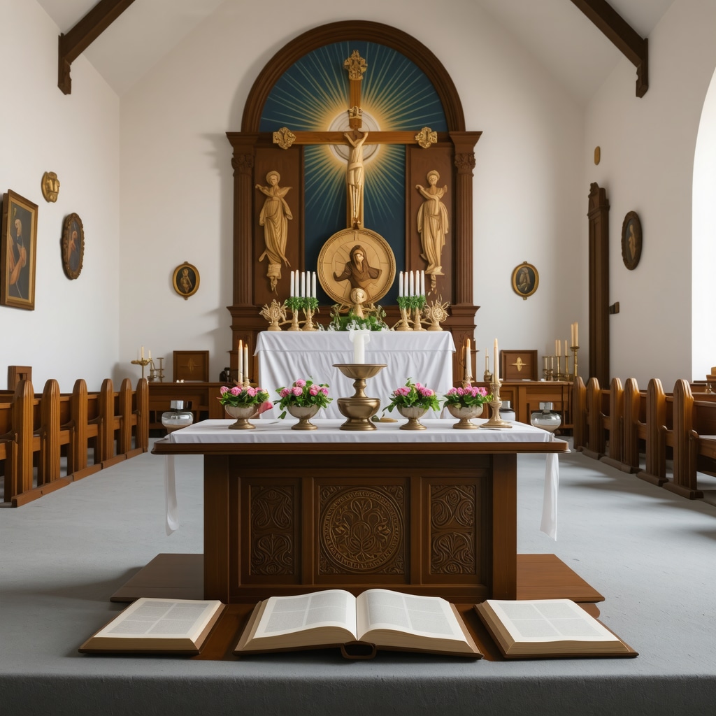 Interior of a church with religious symbols and prayer tools