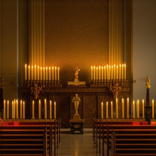 Interior of Virginia church with religious artifacts and candlelight creating a sacred atmosphere.