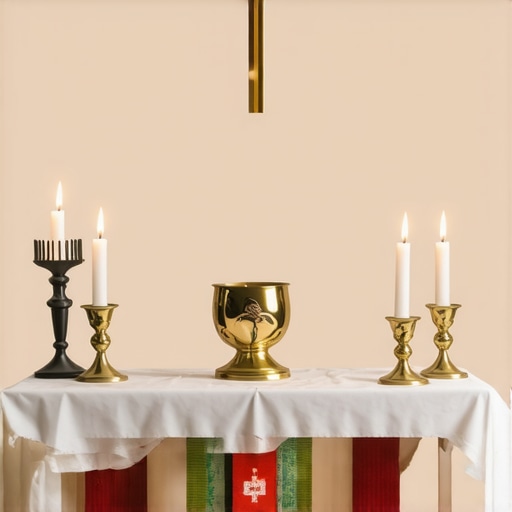 Sacred relics and symbols in Catholic exorcism rituals Church altar with relics and religious symbols used in exorcisms.