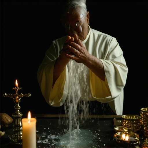 Priest conducting exorcism with holy water and symbols during spiritual cleansing.