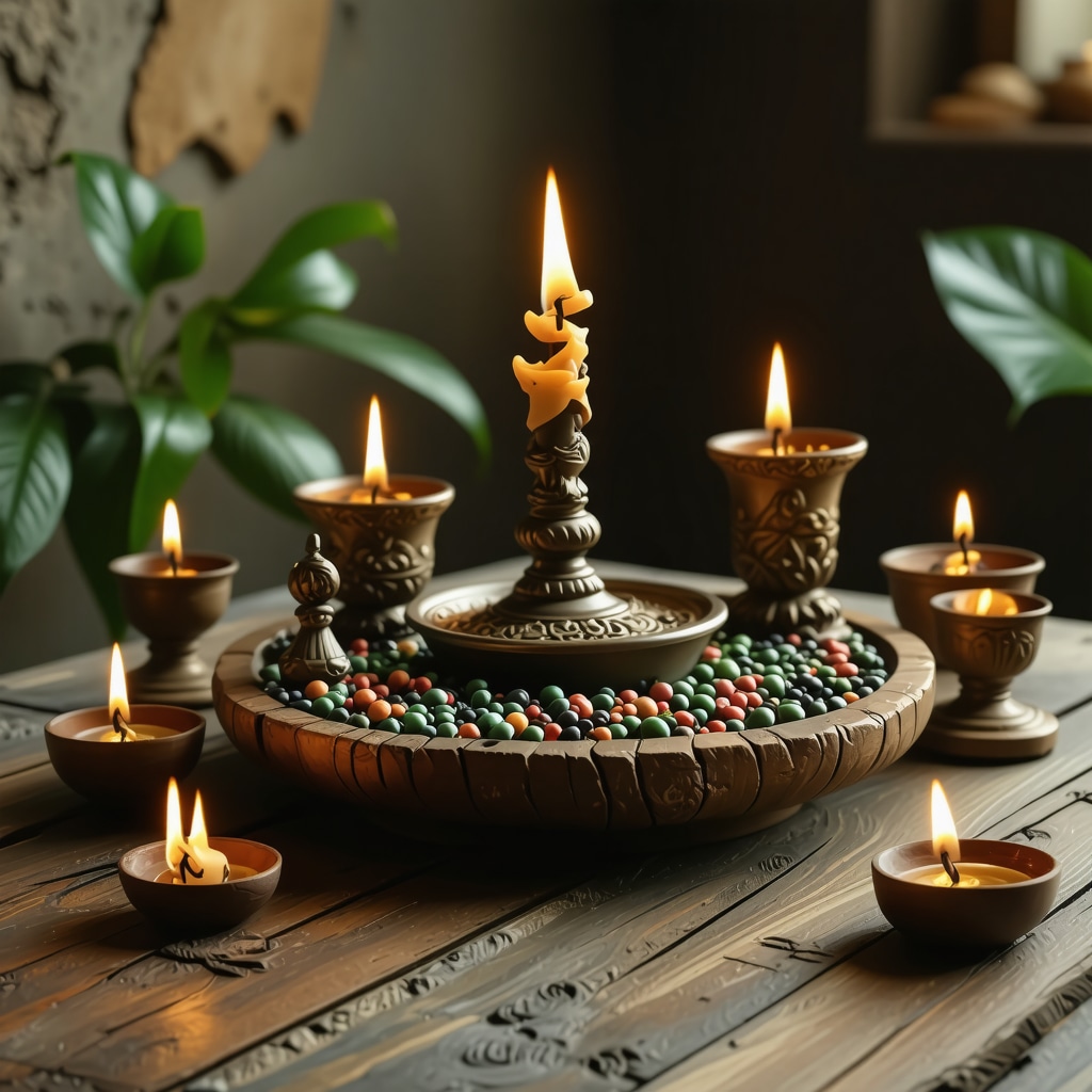 An ornate altar with holy symbols, prayer books, and blessed objects for spiritual protection