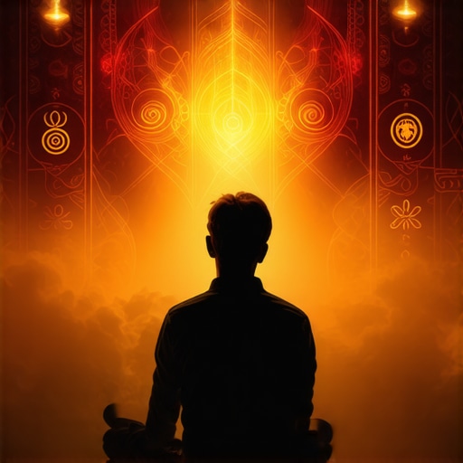 Person praying with spiritual symbols around, representing spiritual discernment