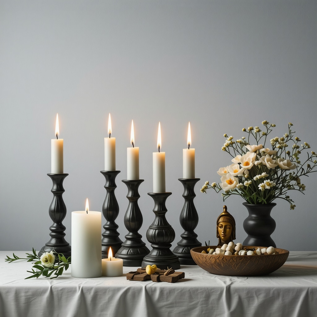 Home altar with religious objects for spiritual protection.