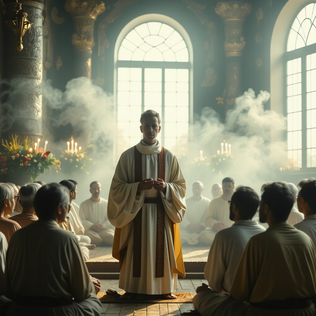 Priest performing exorcism ritual for spiritual protection in a church setting.