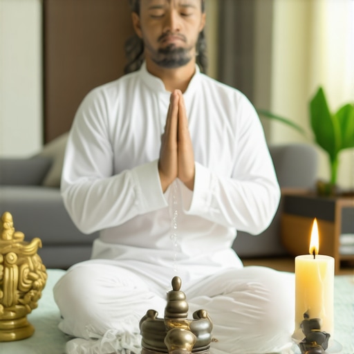Person praying with holy water and religious symbols in a peaceful home environment.