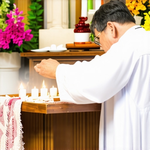 Spiritual Ritual Scene for Demonic Liberation in Virginia A priest performing exorcism with sacred objects during a spiritual ritual in Virginia