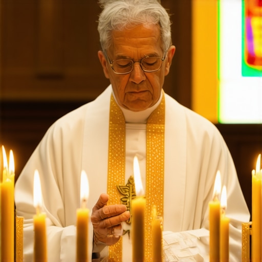 A priest conducting a spiritual ritual with candles and sacred symbols in Virginia.