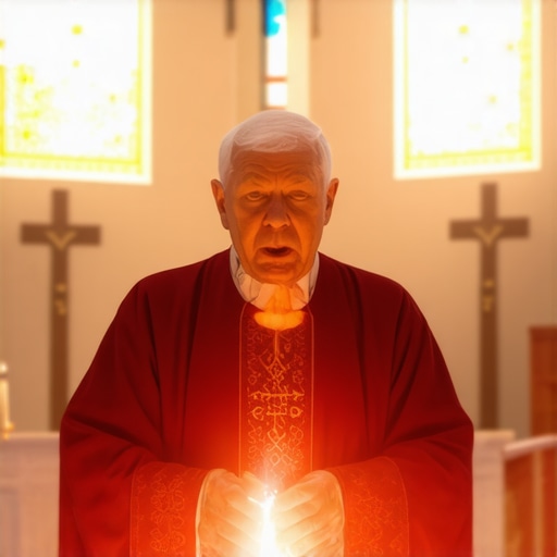 Exorcist performing a Catholic ritual with sacred symbols and divine light