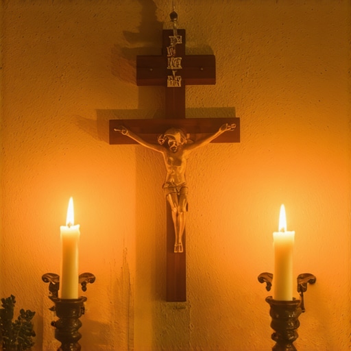 A sacred altar with crucifix, holy water, and blessed objects used in advanced exorcism rituals.