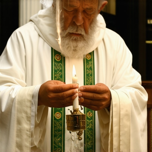 Priest performing exorcism with sacred symbols and ritual tools.