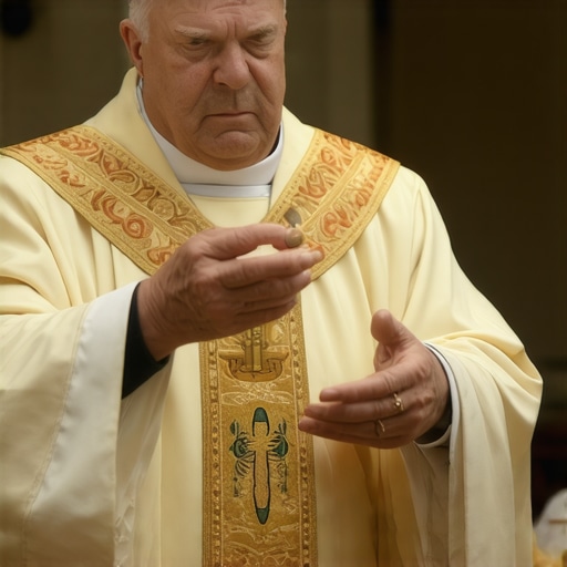 A priest performing a Catholic exorcism with relics and holy water in a ritual setting, emphasizing spiritual power and solemnity.