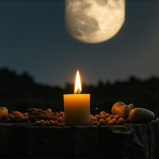 A spiritual ritual scene under a full moon with sacred symbols and divine light.